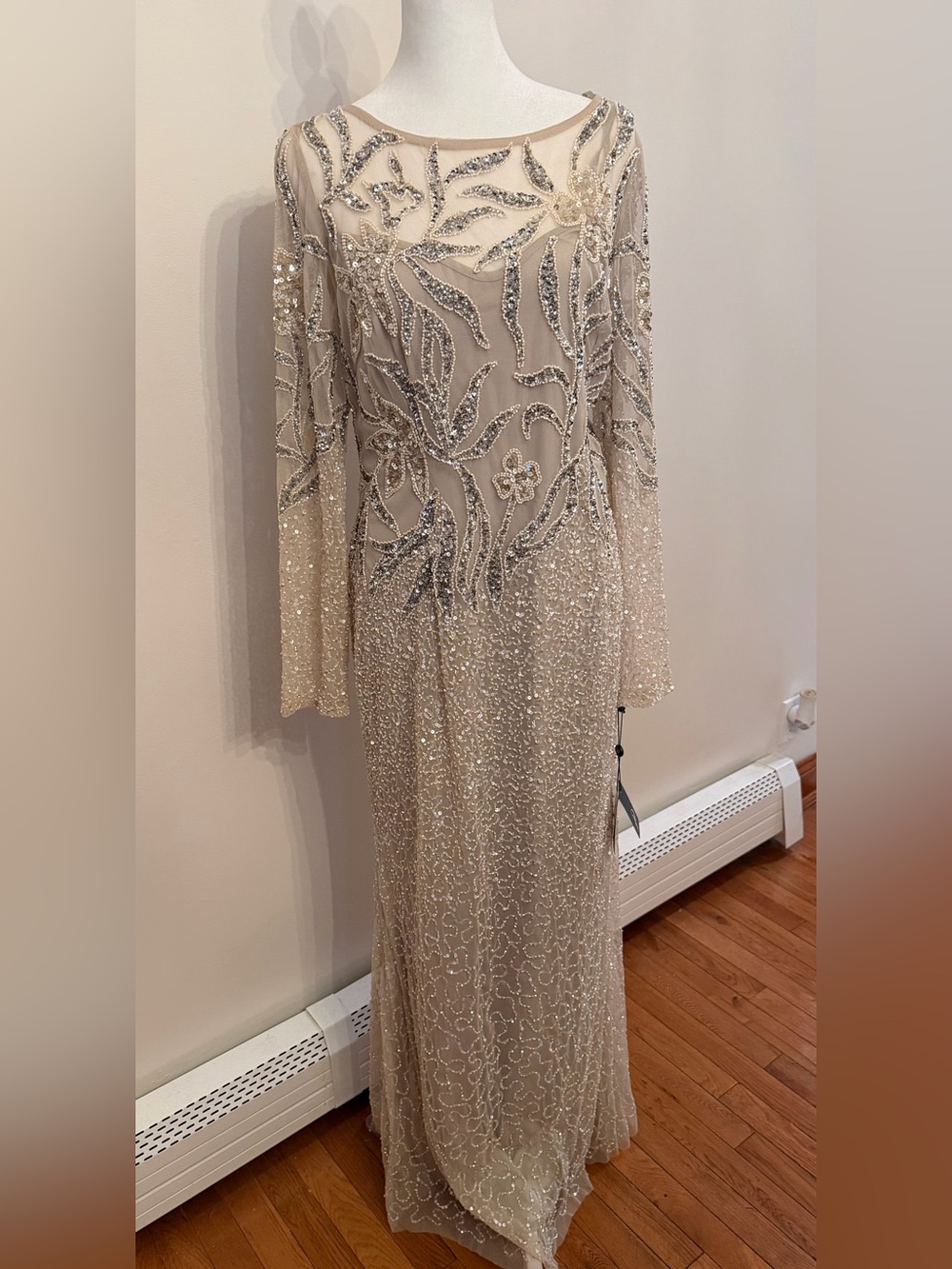 Adrianna Papell Beaded Maxi Gown NWT Size 12 Champagne Silver Formal Dress - Picture 7 of 17